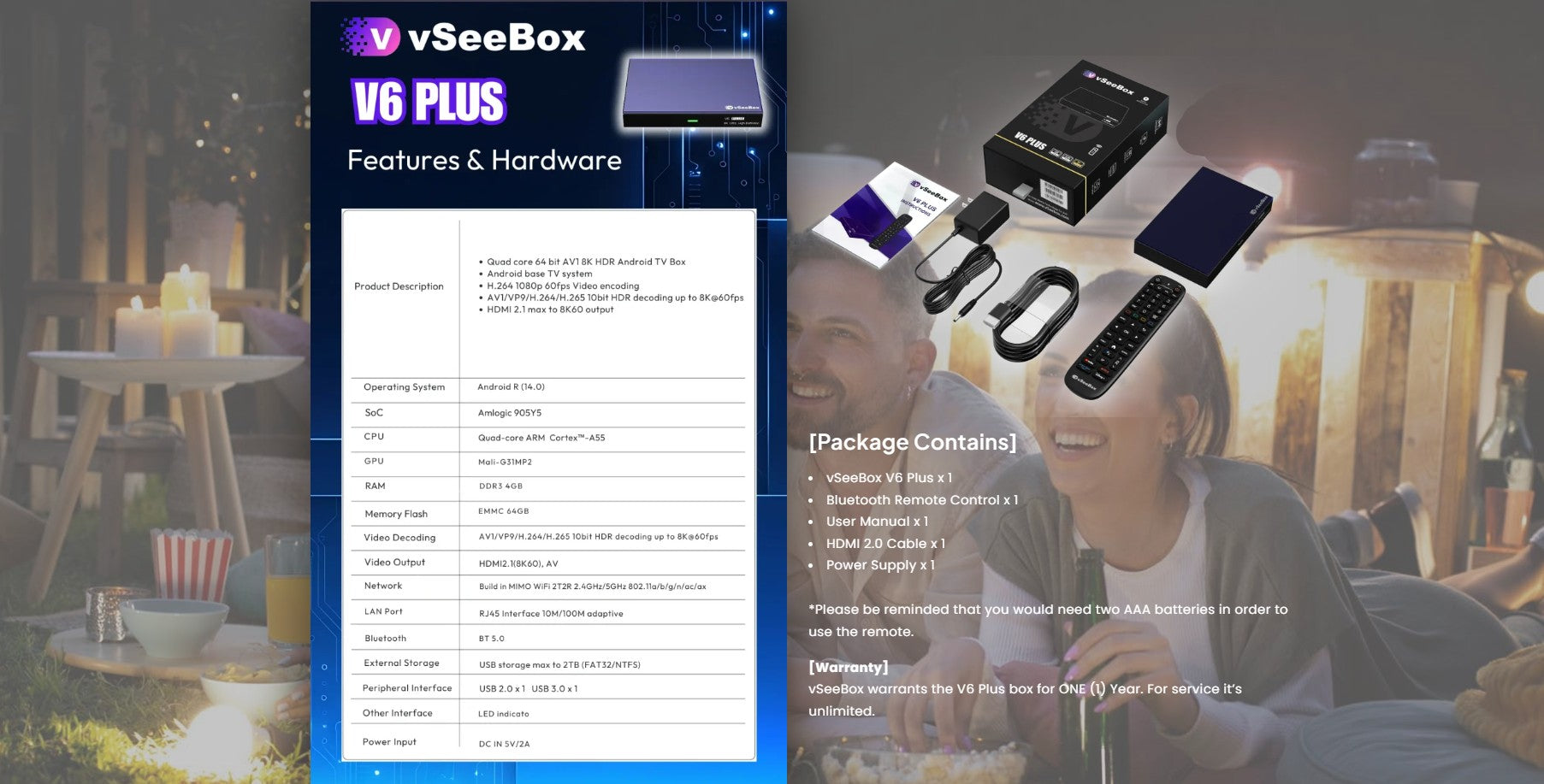 vSeeBox V6 Plus 8K streaming box package contains